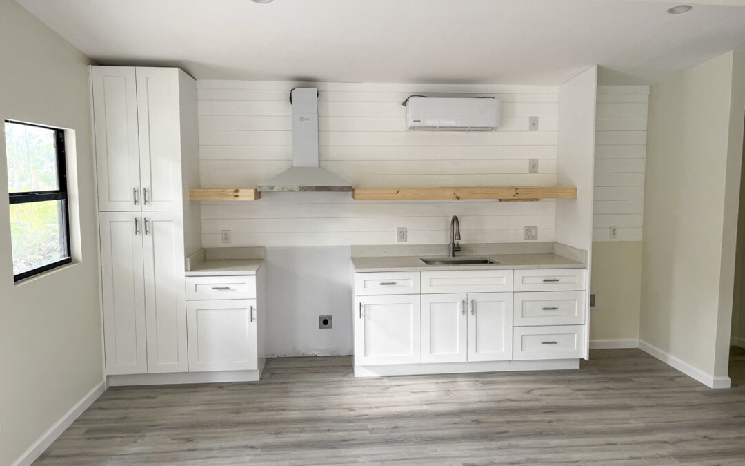 Custom kitchenette with shiplap walls