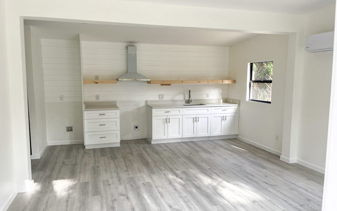 Custom kitchenette with shiplap walls